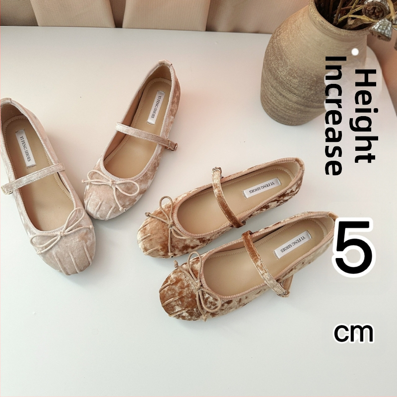Női belső magasságnövelő cipők Francia velúr masni malacorrú balettcipők Női lapos talpú Mary Jane cipők csattal