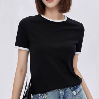 Kiárusítás Globális Határokon Átnyúló Női Vékony Színblokkos Húzózsinóros Rövid Ujjú Póló 200g Export Női Egyszínű Felső