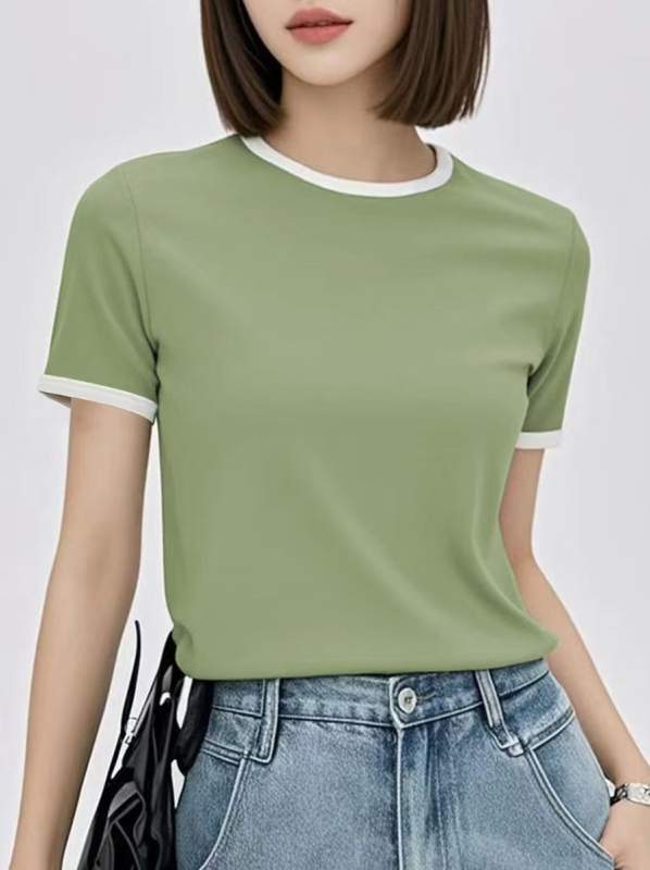 Kiárusítás Globális Határokon Átnyúló Női Vékony Színblokkos Húzózsinóros Rövid Ujjú Póló 200g Export Női Egyszínű Felső