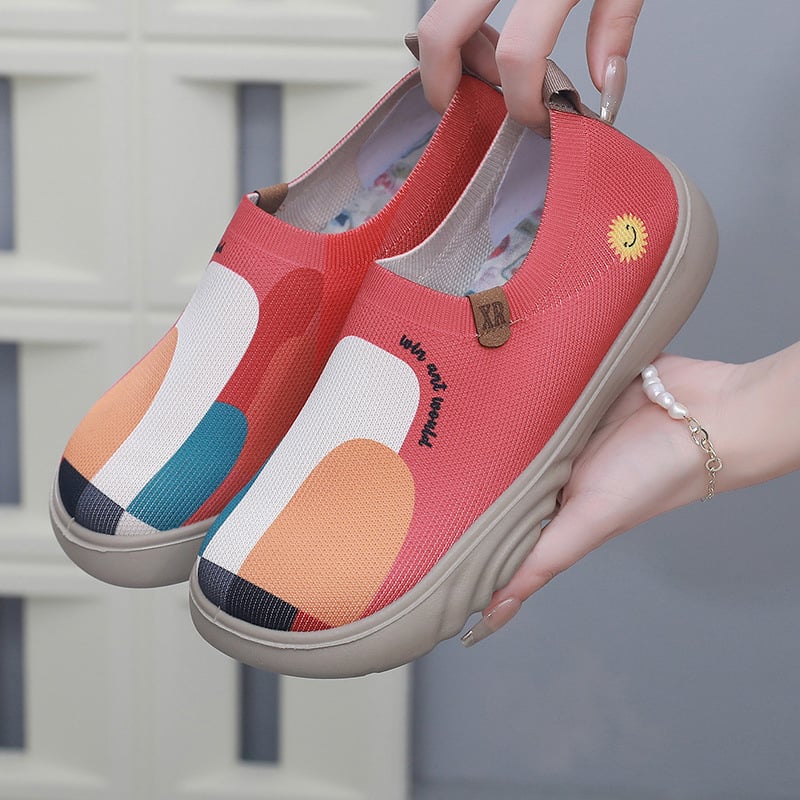 Pantofi de pescar cu talpă groasă pentru femei, primăvara și toamna 2025, noi, pentru primăvară și toamnă, pantofi de voiaj sport vopsiți cu tricot Fly-Knit, pantofi din pânză Old Beijing antiderapantă cu talpă moale
