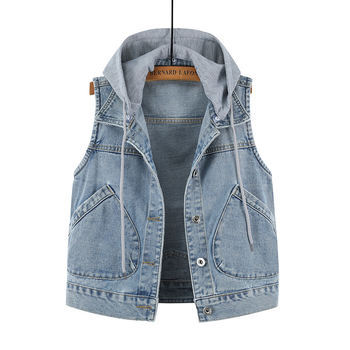 2021. aasta kevadine uus teksariie naiste pluss-suuruses lühike kapuutsiga suurte taskutega varrukateta jakk, mitmekülgne sall-top