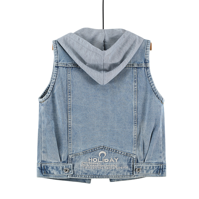 2021. aasta kevadine uus teksariie naiste pluss-suuruses lühike kapuutsiga suurte taskutega varrukateta jakk, mitmekülgne sall-top