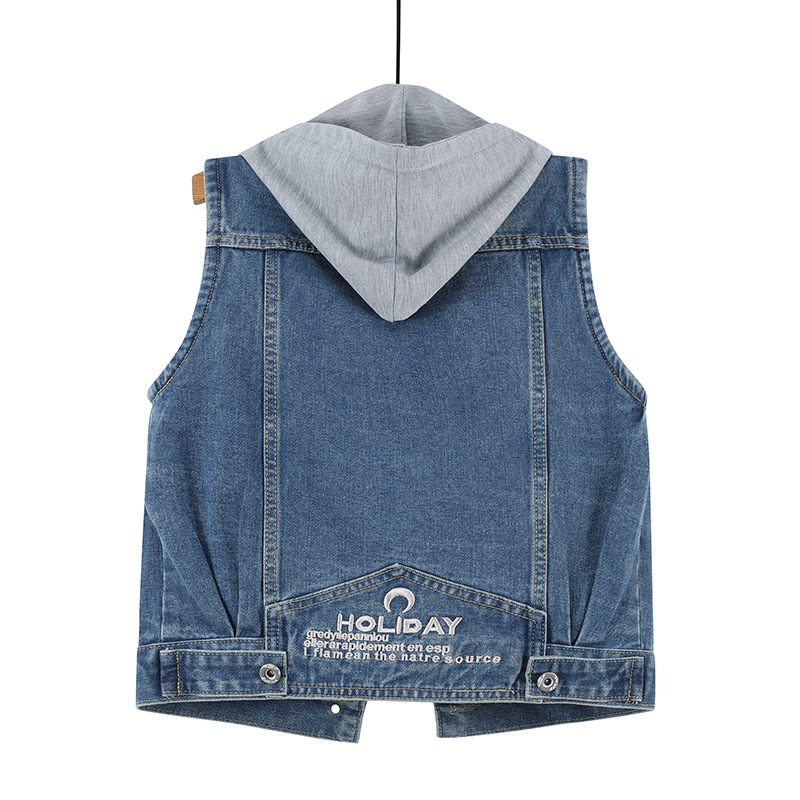 2021. aasta kevadine uus teksariie naiste pluss-suuruses lühike kapuutsiga suurte taskutega varrukateta jakk, mitmekülgne sall-top