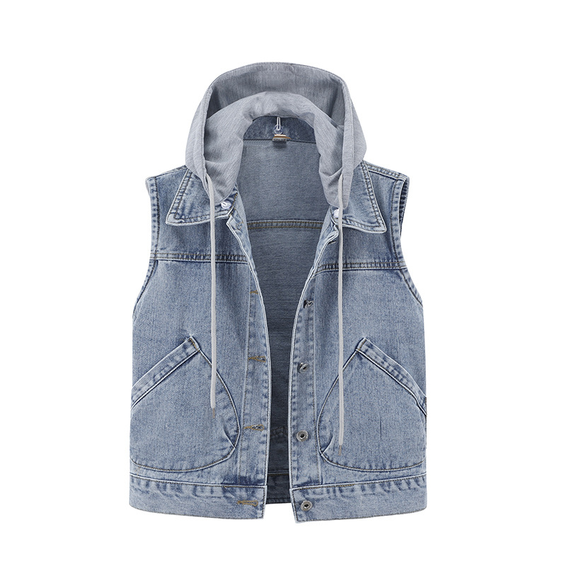 2021. aasta kevadine uus teksariie naiste pluss-suuruses lühike kapuutsiga suurte taskutega varrukateta jakk, mitmekülgne sall-top