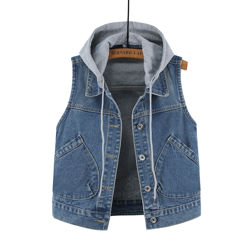 2021. aasta kevadine uus teksariie naiste pluss-suuruses lühike kapuutsiga suurte taskutega varrukateta jakk, mitmekülgne sall-top