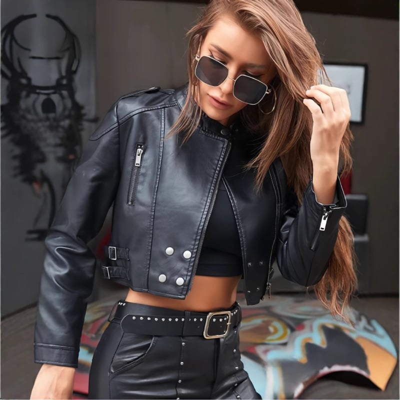 Geacă scurtă cu mânecă lungă și fermoar pentru motociclete, stil coreean, talie înaltă, Slim Fit, stil coreean, toamna și iarna 2024