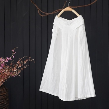 Летни ежедневни панталони от памук и лен, ретро, големи размери, широки панталони, летни свободни, едноцветни, с плоска талия, памучни и ленени панталони с пола, къси панталони за жени