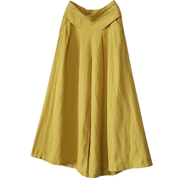 Летни ежедневни панталони от памук и лен, ретро, големи размери, широки панталони, летни свободни, едноцветни, с плоска талия, памучни и ленени панталони с пола, къси панталони за жени