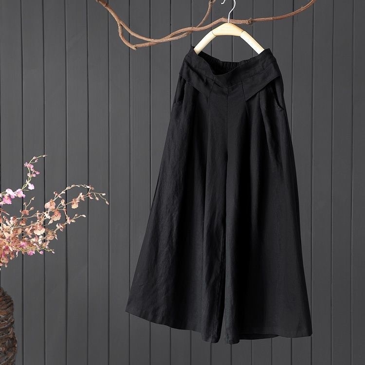 Nyári pamut és lenvászon lezser nadrág retró plus size bő szárú nadrág nyári bő egyszínű lapos derekú pamut és lenvászon nadrág szoknya rövidített nadrág nőknek