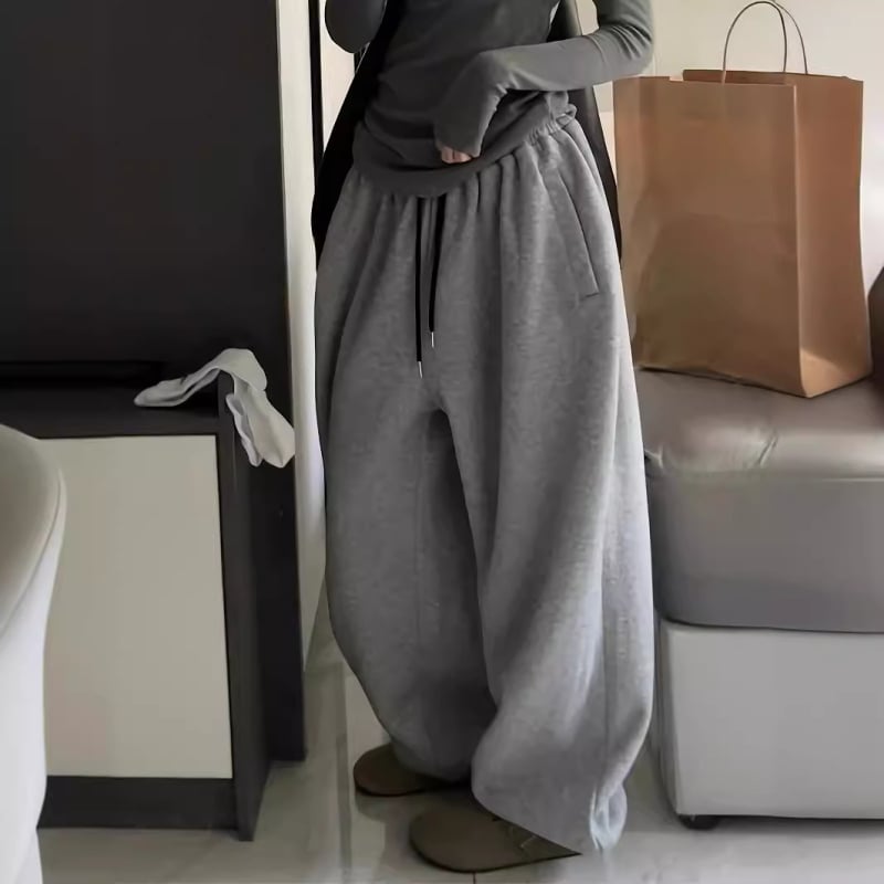 Pantaloni sport Y2K casual gri și negru cu dantelă, talie înaltă, talie largă, sport, pantaloni sport pentru femei