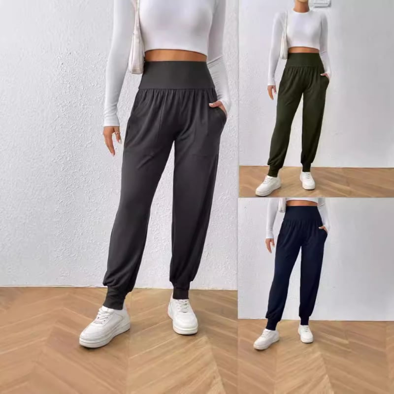 2024 Transfrontaliere europene și americane Amazon Culoare solidă Talie înaltă Pantaloni negri Talie largă Buzunar înclinat Harem Casual Pantaloni mici