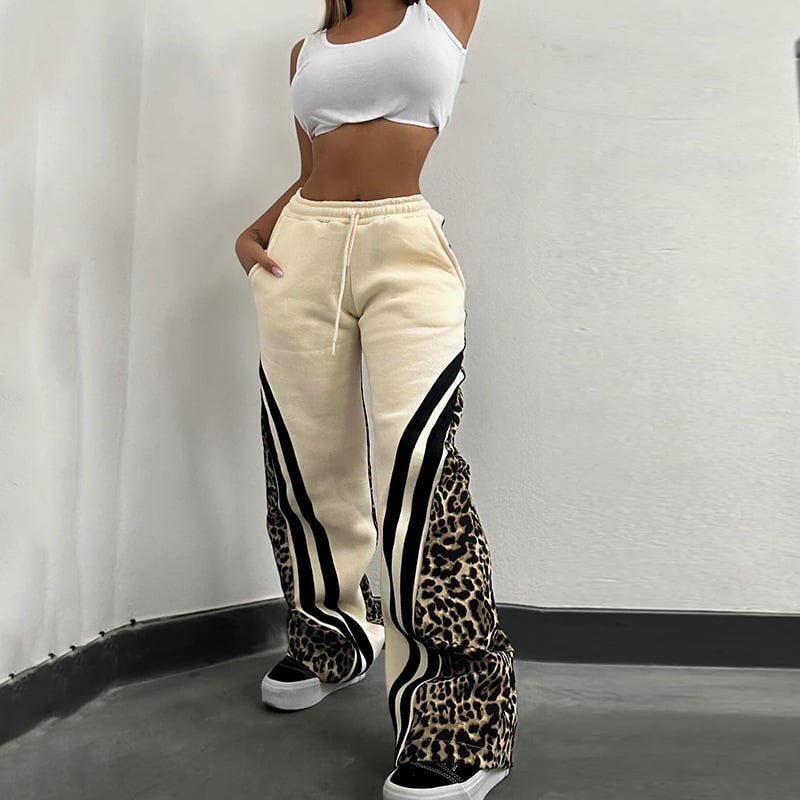 Pantaloni largi cu talie înaltă, cu imprimeu leopard, dungi, pentru femei, toamna 2024, stil european și american, nou, distinctiv, de stradă, pentru femei