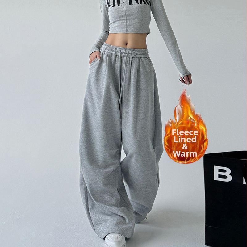 Amerikai polár bélésű szürke sportnadrág női őszi 2024 új magas derekú, egyenes, laza, hétköznapi munkaruha