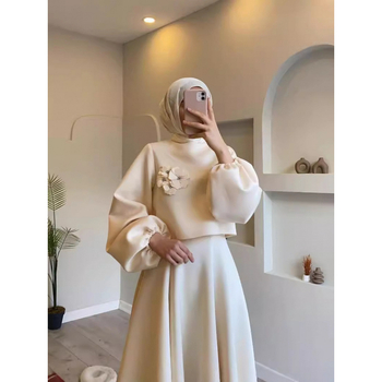 2024 őszi új közel-keleti muszlim virágmintás bő felső, szoknyaszegély, divatos lezser kosztüm