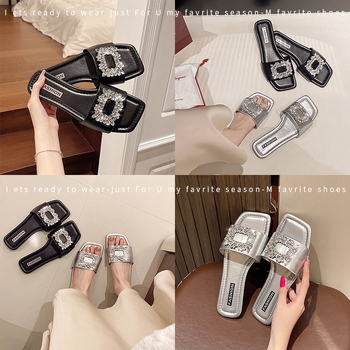 Koreai stílusú strasszos lapos papucsok külső viselethez, női 2024-es új érkezésű női cipők, mindenhez illő, szögletes orrú szandálok
