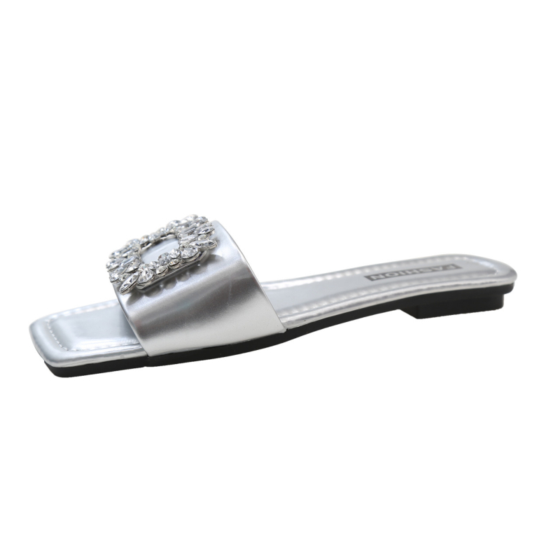 Koreai stílusú strasszos lapos papucsok külső viselethez, női 2024-es új érkezésű női cipők, mindenhez illő, szögletes orrú szandálok