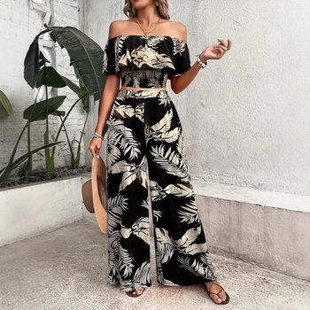 Temu Export Resort Style Jumpsuit Nyári Cross-Border Női Mintás, Váll nélküli Felső és Széles Szájú Nadrágkosztüm