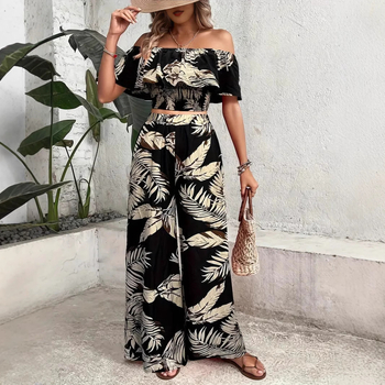 Temu Export Resort Style Jumpsuit Nyári Cross-Border Női Mintás, Váll nélküli Felső és Széles Szájú Nadrágkosztüm