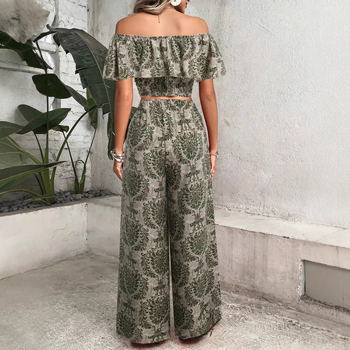 Temu Export Resort Style Jumpsuit Nyári Cross-Border Női Mintás, Váll nélküli Felső és Széles Szájú Nadrágkosztüm