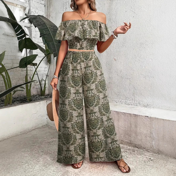 Temu Export Resort Style Jumpsuit Nyári Cross-Border Női Mintás, Váll nélküli Felső és Széles Szájú Nadrágkosztüm