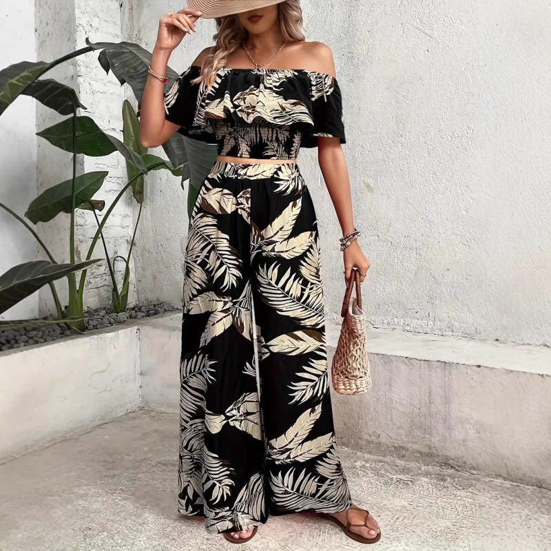 Temu Export Resort Style Jumpsuit Nyári Cross-Border Női Mintás, Váll nélküli Felső és Széles Szájú Nadrágkosztüm