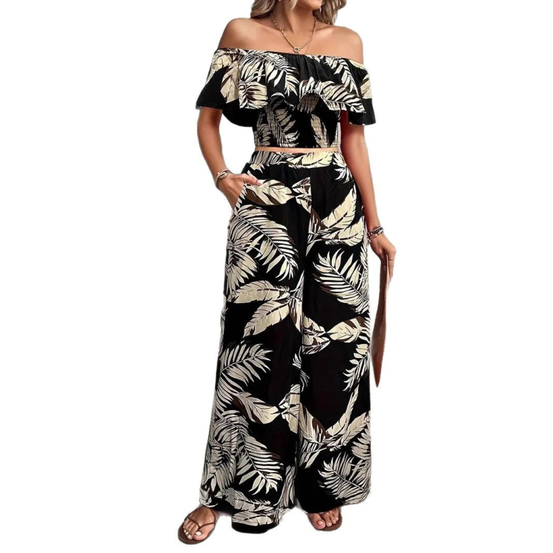 Temu Export Resort Style Jumpsuit Nyári Cross-Border Női Mintás, Váll nélküli Felső és Széles Szájú Nadrágkosztüm