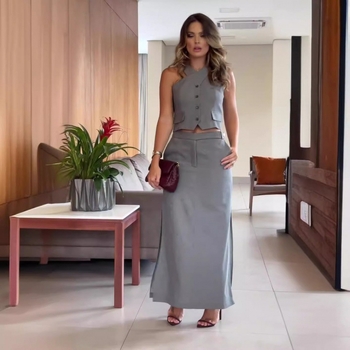 2024 nyári új európai és amerikai Amazon határokon átnyúló egyszínű divatos pántnélküli mellény, magas derekú szoknya, kétrészes szett nőknek