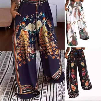 2024 Amazon európai és amerikai új, széles szárú női nadrág őszi divatban, alkalmi, fűzős, pozicionáló mintás, nagy méretű női nadrág