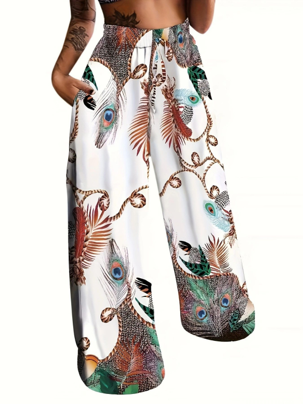 2024 Amazon európai és amerikai új, széles szárú női nadrág őszi divatban, alkalmi, fűzős, pozicionáló mintás, nagy méretű női nadrág