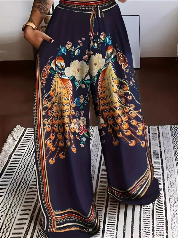 2024 Amazon európai és amerikai új, széles szárú női nadrág őszi divatban, alkalmi, fűzős, pozicionáló mintás, nagy méretű női nadrág