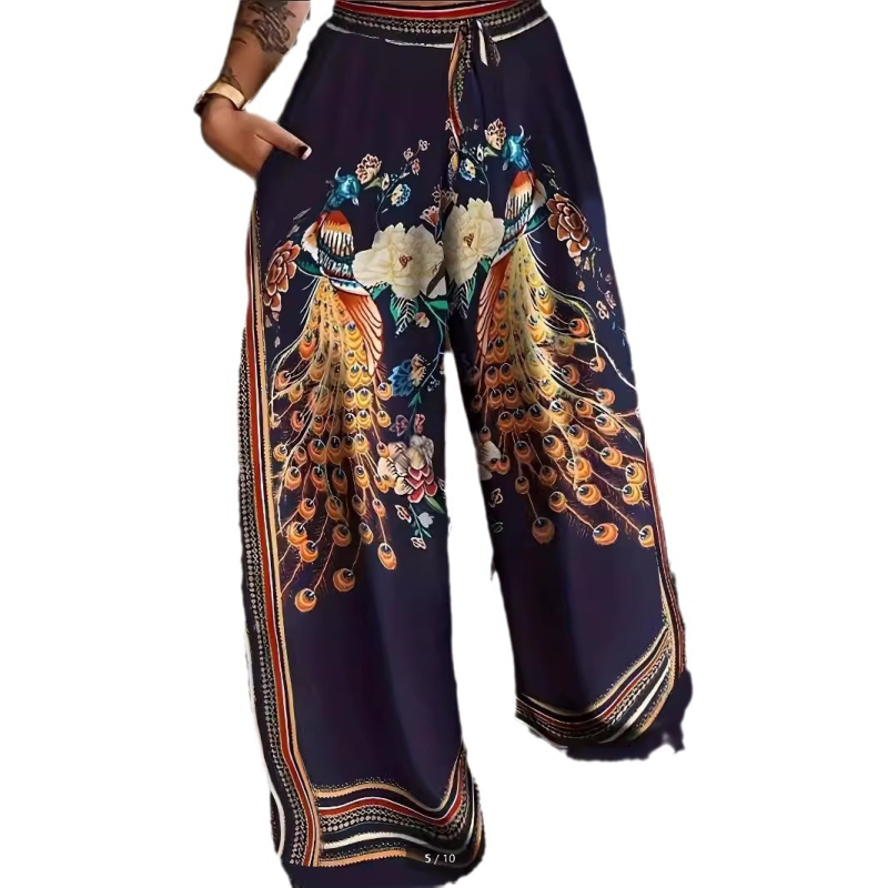 2024 Amazon európai és amerikai új, széles szárú női nadrág őszi divatban, alkalmi, fűzős, pozicionáló mintás, nagy méretű női nadrág
