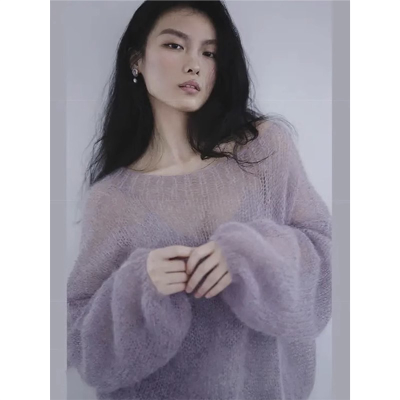 2030# Őszi Új Női Koreai Retro Lazy Style Taro Lila Mahair Puha, Viaszos Kötött Pulóver