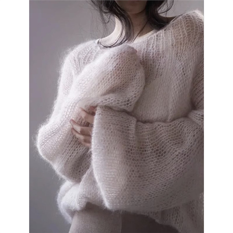 2030# Őszi Új Női Koreai Retro Lazy Style Taro Lila Mahair Puha, Viaszos Kötött Pulóver