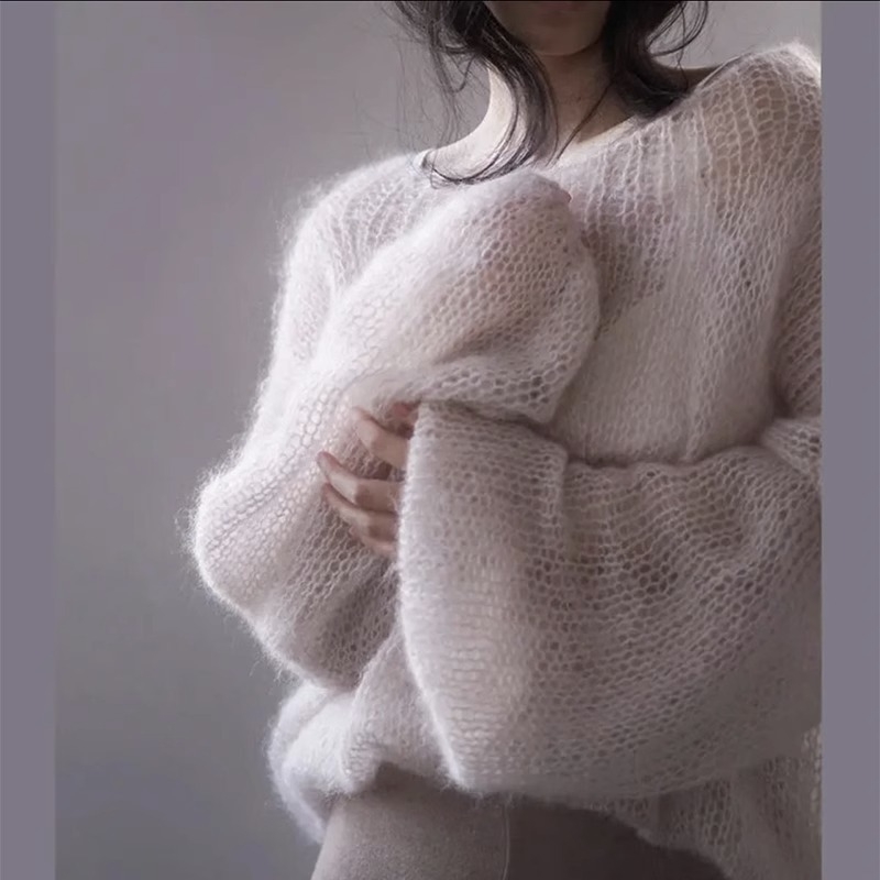 2030# Őszi Új Női Koreai Retro Lazy Style Taro Lila Mahair Puha, Viaszos Kötött Pulóver