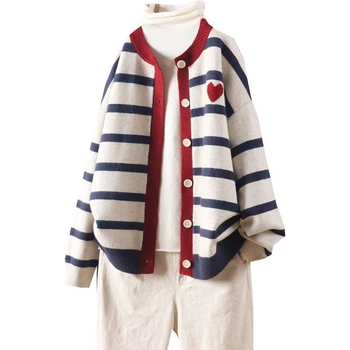 2023 Új, csíkos, színben illő, csatos, kereknyakú, kötött kardigán, női, hosszú ujjú, ingázó pulóver, őszi/téli viselet