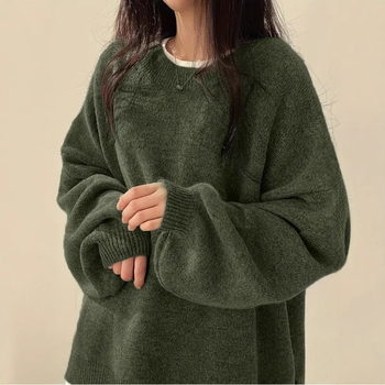 Dél-Korea elegáns kerek nyakú garbó puffos ujjú laza pulóver női új őszi és téli lusta lezser kötöttáru