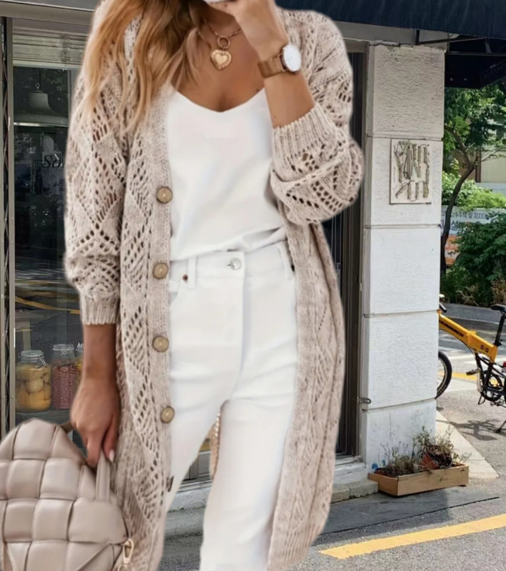 Európai és amerikai Amazon új 2024 őszi és téli kardigán művészi női egyszínű vastag kötött pulóverkabát női közepes hosszúságú