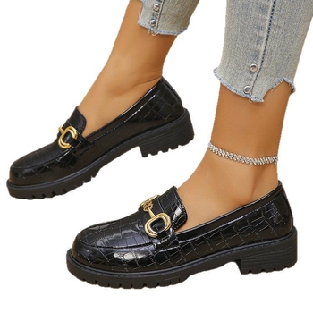 Brit stílusú, kis bőrcipők, női tavaszi és őszi új, vastag sarok, kerek fejű, fémcsatos, vastag aljú, női cipők, mindenféle plus size mokaszinnal