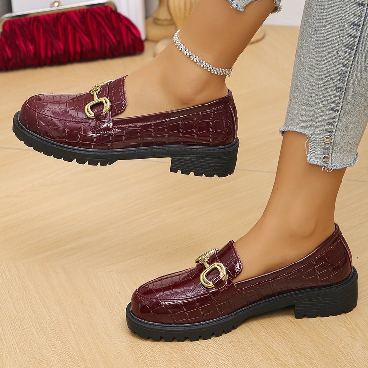 Brit stílusú, kis bőrcipők, női tavaszi és őszi új, vastag sarok, kerek fejű, fémcsatos, vastag aljú, női cipők, mindenféle plus size mokaszinnal