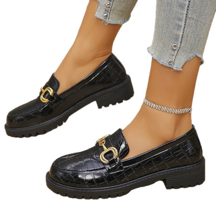 Brit stílusú, kis bőrcipők, női tavaszi és őszi új, vastag sarok, kerek fejű, fémcsatos, vastag aljú, női cipők, mindenféle plus size mokaszinnal