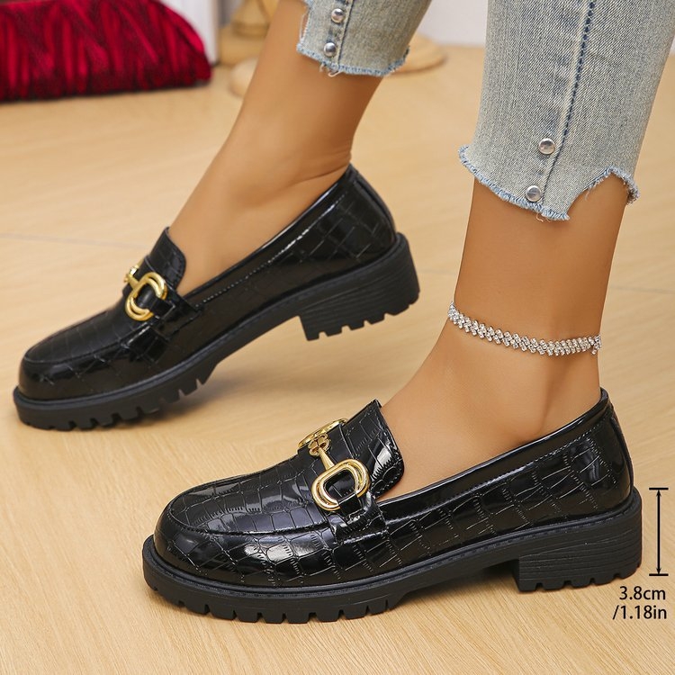 Brit stílusú, kis bőrcipők, női tavaszi és őszi új, vastag sarok, kerek fejű, fémcsatos, vastag aljú, női cipők, mindenféle plus size mokaszinnal