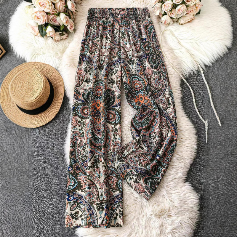 2025 Új európai és amerikai, határokon átnyúló, független weboldal Amazon Fashion Sokoldalú, nyomtatott, karcsúsító megjelenésű, laza, magas derekú, széles szárú nadrágok