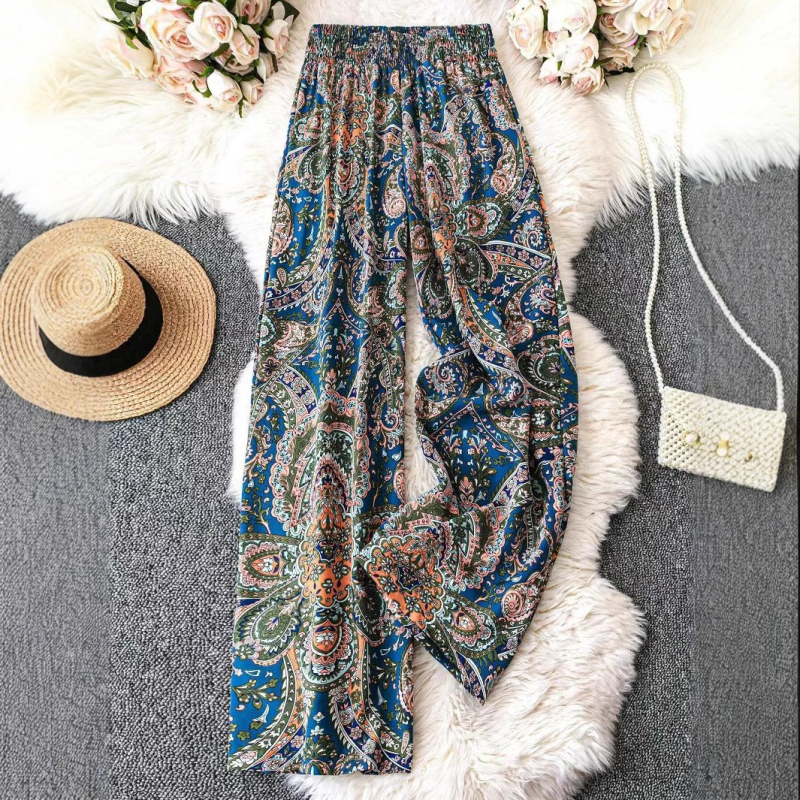 2025 Új európai és amerikai, határokon átnyúló, független weboldal Amazon Fashion Sokoldalú, nyomtatott, karcsúsító megjelenésű, laza, magas derekú, széles szárú nadrágok