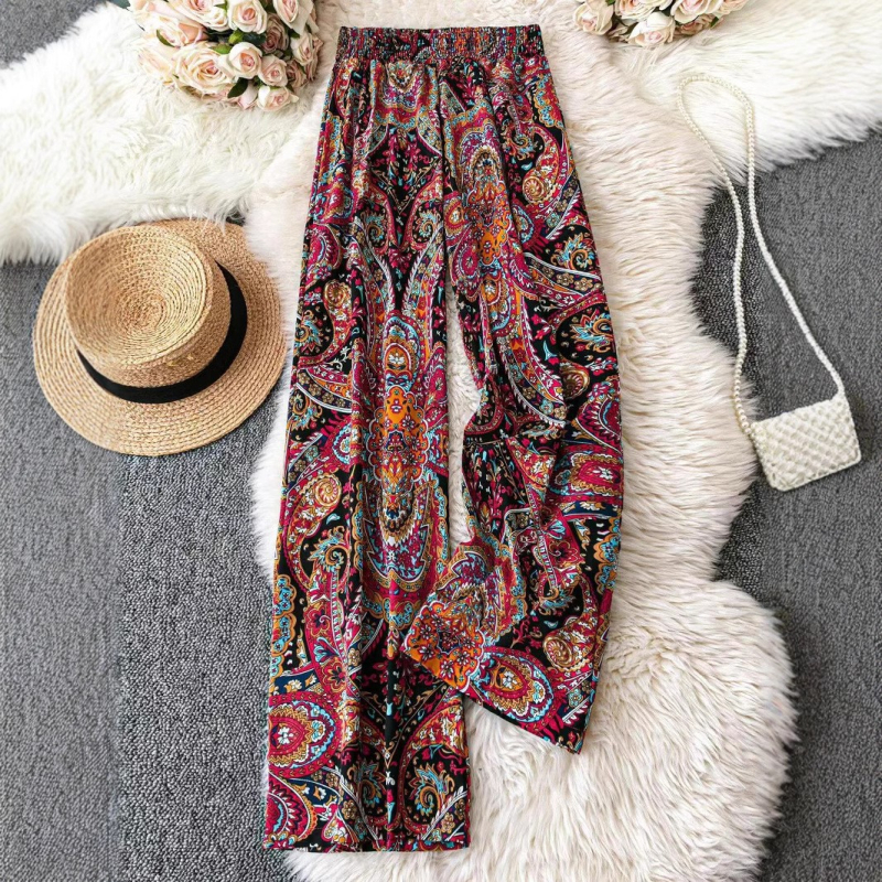 2025 Új európai és amerikai, határokon átnyúló, független weboldal Amazon Fashion Sokoldalú, nyomtatott, karcsúsító megjelenésű, laza, magas derekú, széles szárú nadrágok