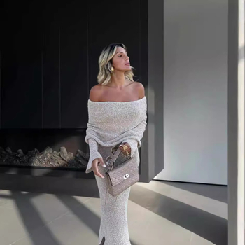 Az Amazon AliExpress határokon átnyúló temperamentumos új divatos, csúcskategóriás, flitteres galléros, szexi, hát nélküli, karcsúsított ruha