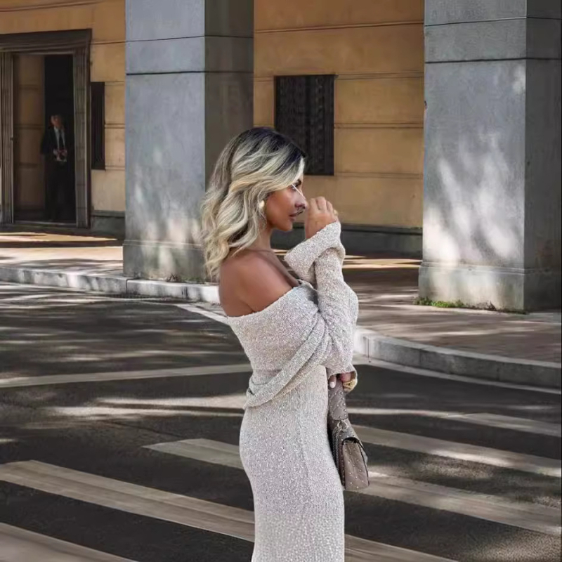 Az Amazon AliExpress határokon átnyúló temperamentumos új divatos, csúcskategóriás, flitteres galléros, szexi, hát nélküli, karcsúsított ruha