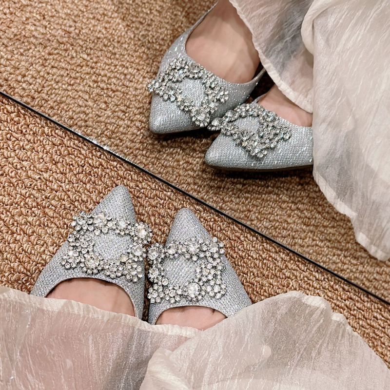 Pantofi de damă cu talpă moale, cataramă pătrată cu cataramă sexy cu fulg de zăpadă, pantofi de damă cu talpă înaltă pentru banchet și cină, pantofi de damă strălucitori