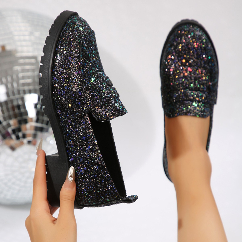 2025 tavaszi és őszi új nagy méretű, alacsony sarkú, négyzet alakú sarkú, egyszínű cipők nőknek, koreai változat, külkereskedelmi személyre szabott, flitteres, kerek orrú, bebújós női cipők