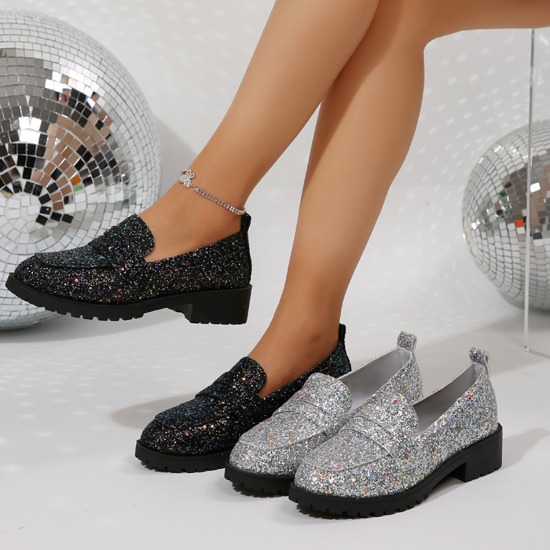 2025 tavaszi és őszi új nagy méretű, alacsony sarkú, négyzet alakú sarkú, egyszínű cipők nőknek, koreai változat, külkereskedelmi személyre szabott, flitteres, kerek orrú, bebújós női cipők