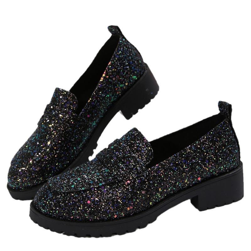 2025 tavaszi és őszi új nagy méretű, alacsony sarkú, négyzet alakú sarkú, egyszínű cipők nőknek, koreai változat, külkereskedelmi személyre szabott, flitteres, kerek orrú, bebújós női cipők